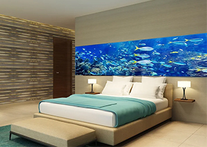 Aquarium As A Headboard In A Bedroom